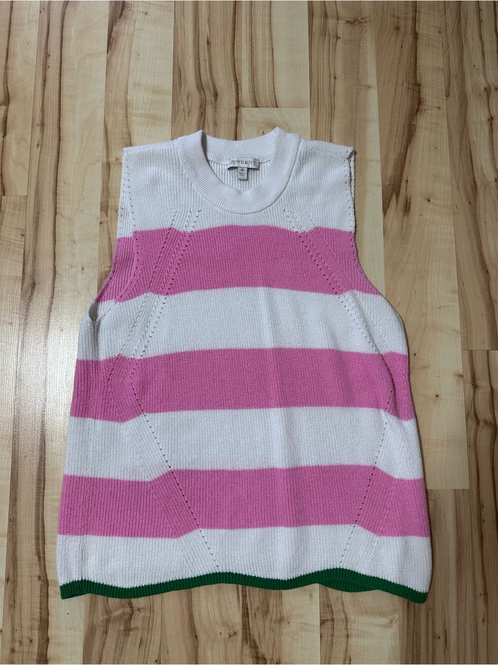 crown & ivy Pink and White Striped Knit Tank with Green Hem